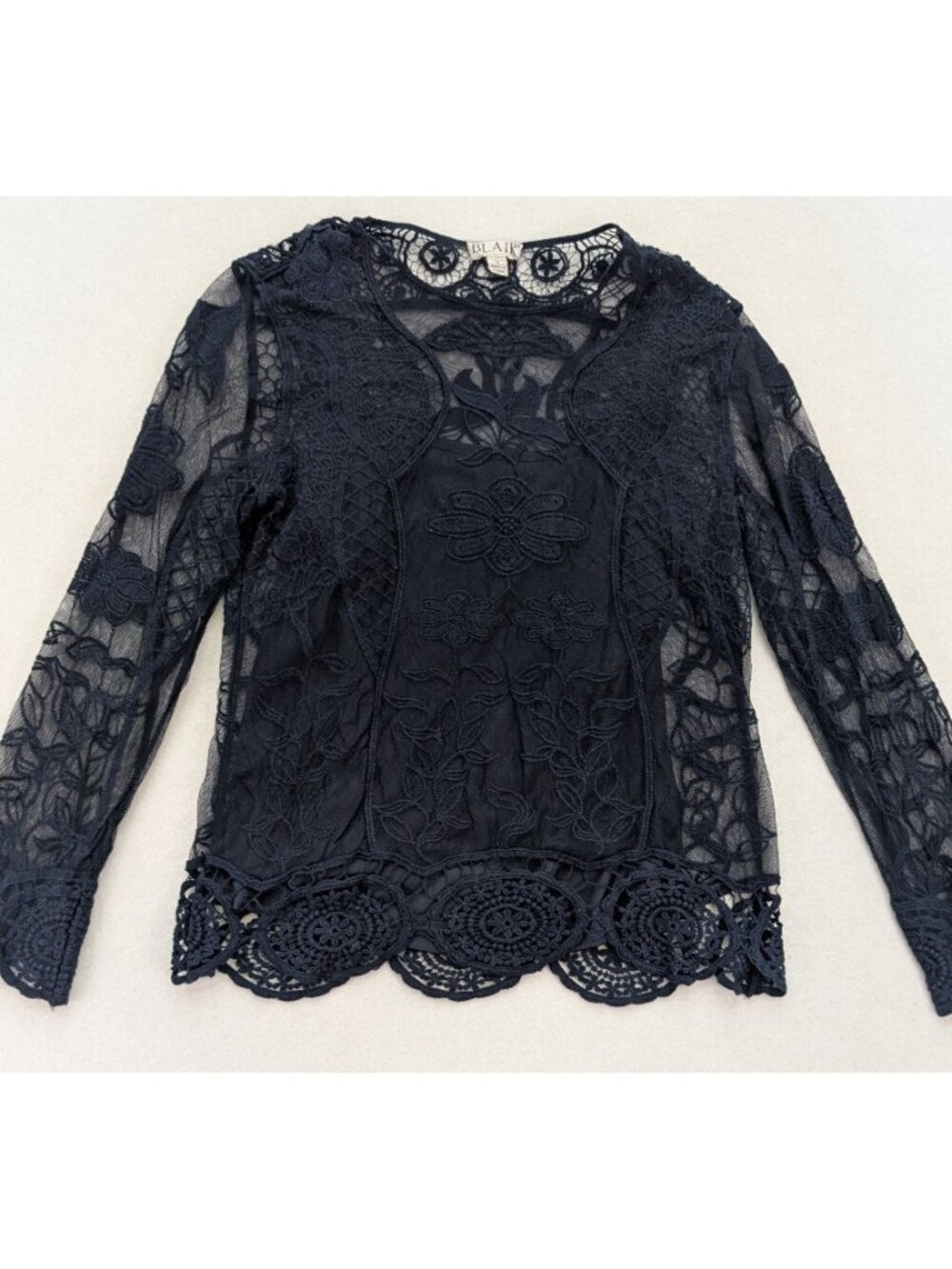Blair Women's Lace Top Size S Naby Blue Bohemian Boho Cottage Core Sheer